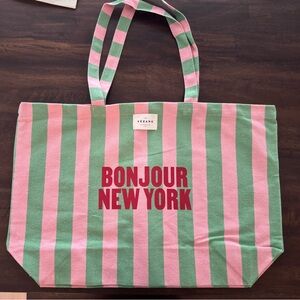 Sezane Pink and Green Striped Tote Bag with Canvas Design